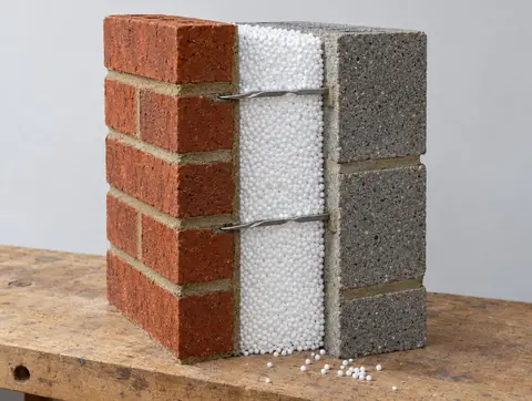 Cutaway sample of a cavity wall filled with bonded white polystyrene beads between brick and block