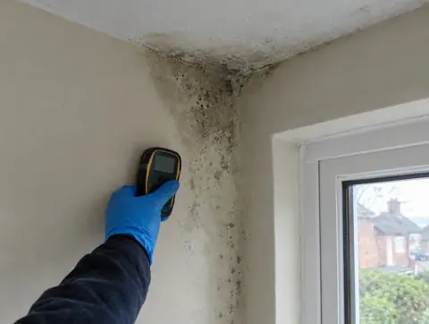 Moisture meter held against a damp, mould-spotted corner of an external wall indoors