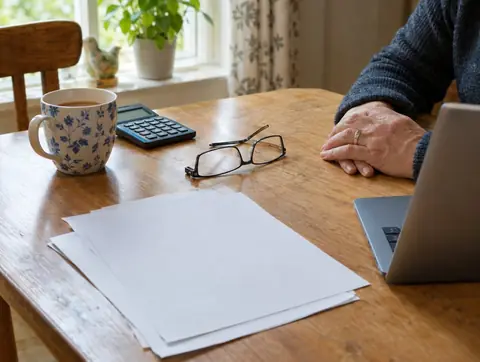 Paperwork, a calculator and reading glasses on a kitchen table